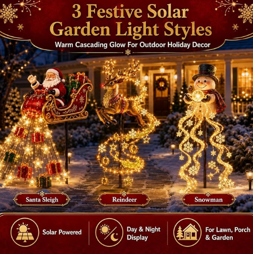 2026 New Santa’s Flying Sleigh Gift Cascade–Solar Christmas Garden Light