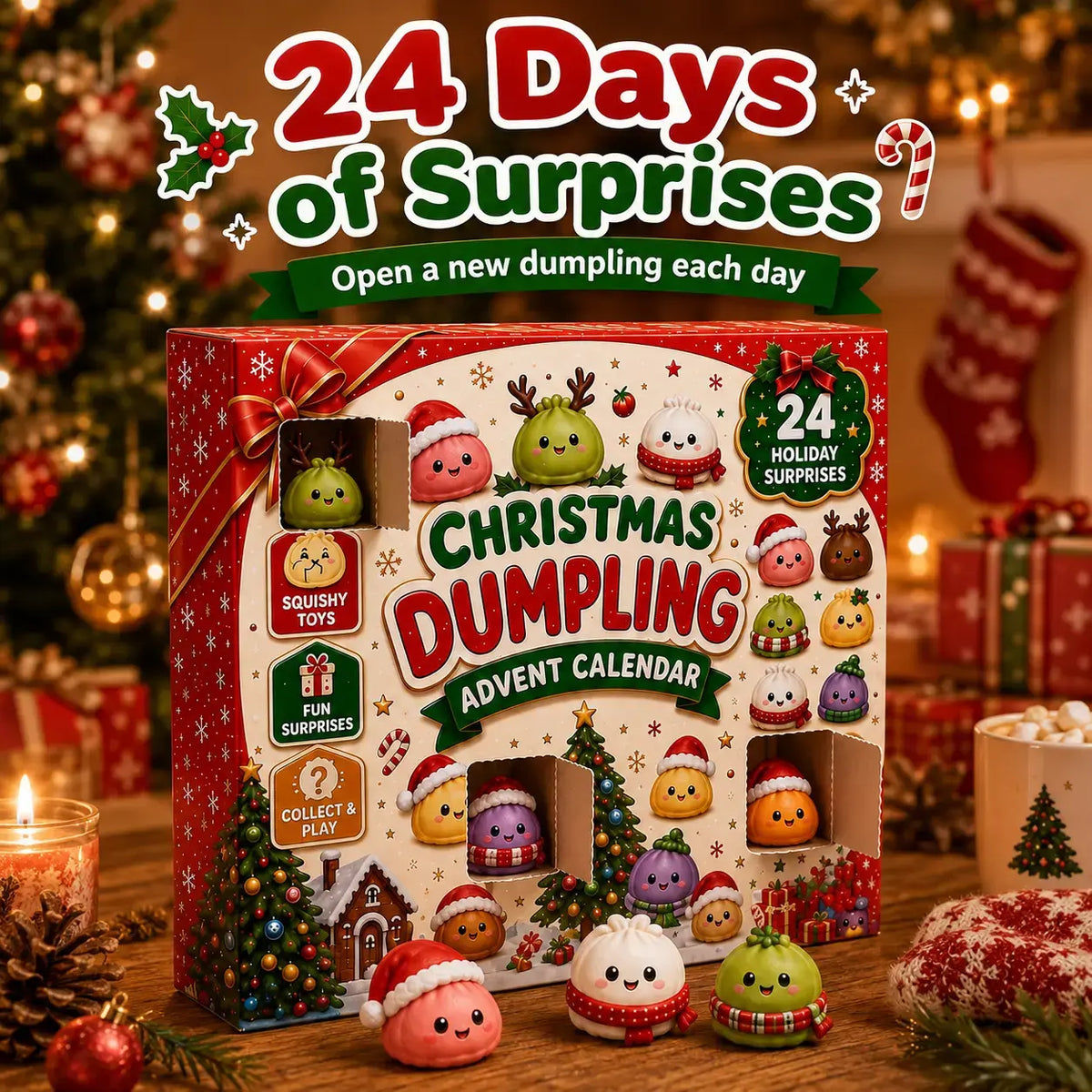 🎄🎁Świąteczny kalendarz adwentowy z mini-gniotkami (Squishies) 2026 – 24-dniowe odliczanie z gniotkami w kształcie pierożków i brokatowymi zabawkami
