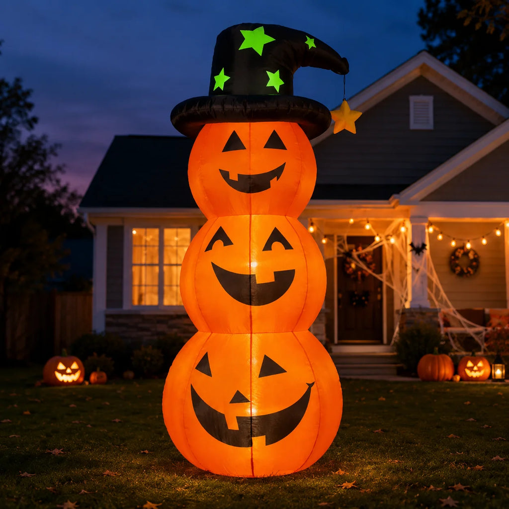 🎃Giant Inflatable Halloween Pumpkin Stack with Witch Hat – Light-Up Outdoor Yard Decoration