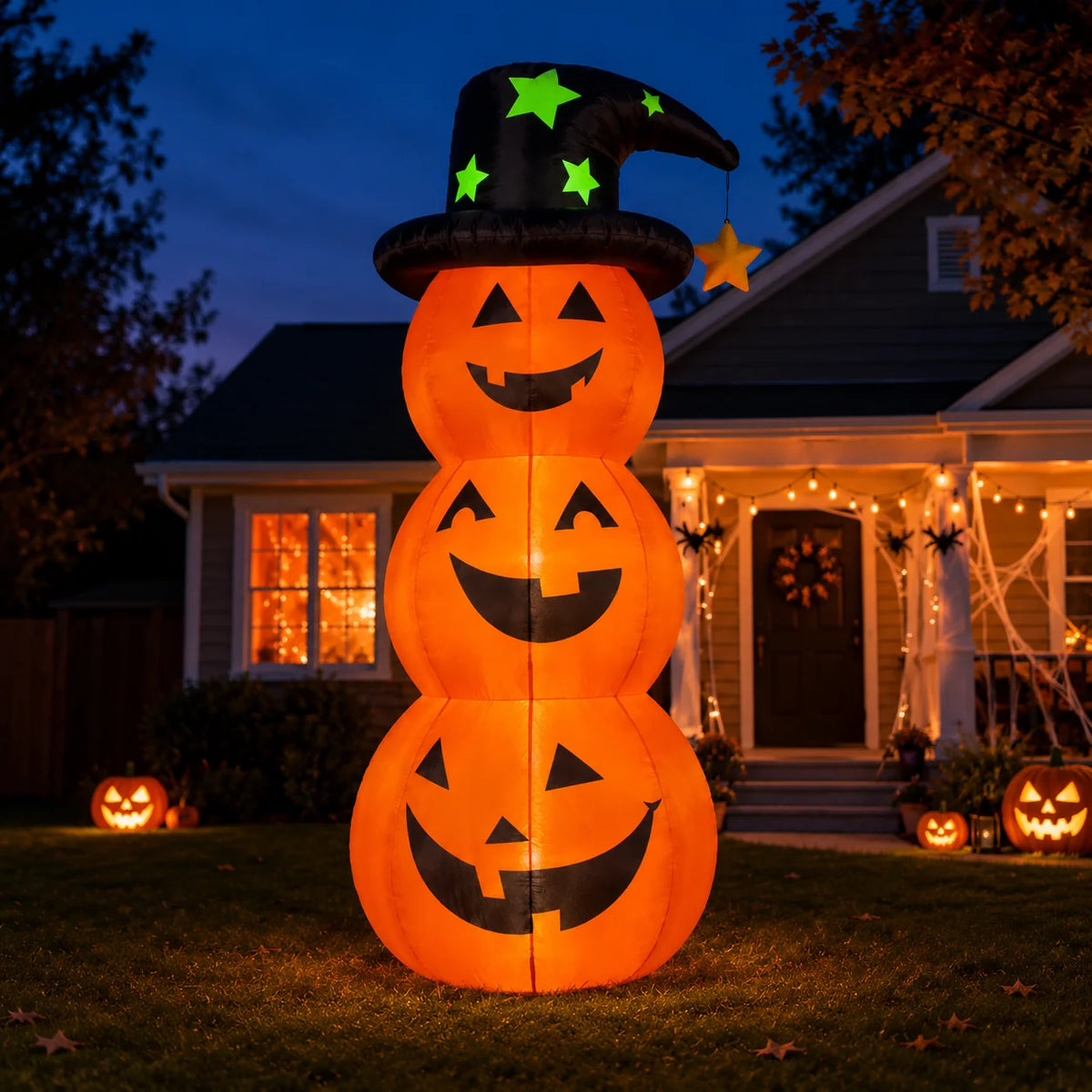 🎃Giant Inflatable Halloween Pumpkin Stack with Witch Hat – Light-Up Outdoor Yard Decoration