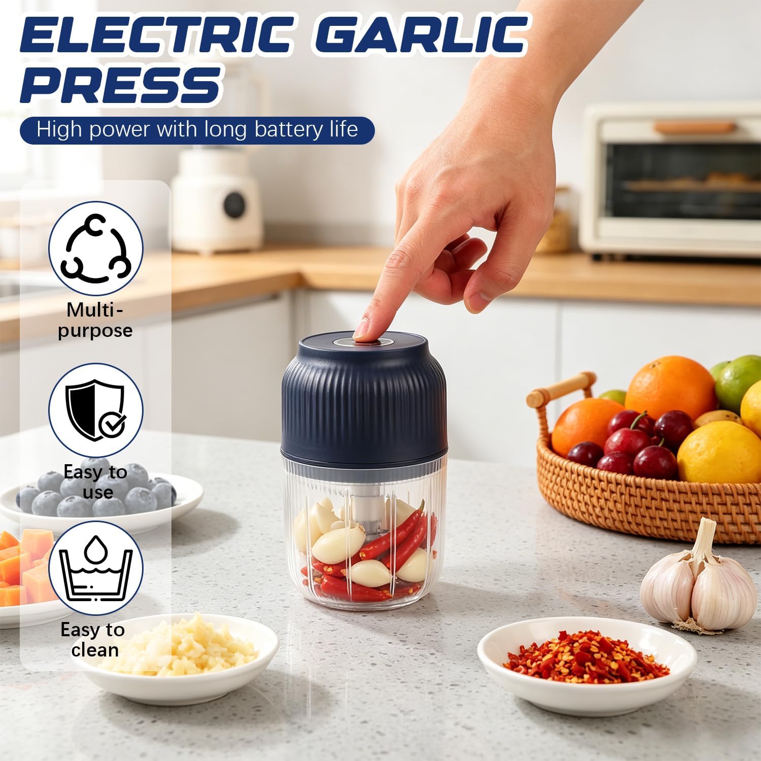 🔥Limited Special Offer｜Wireless Electric Mini Garlic Chopper ✨USB Rechargeable Baby Food Processor Kitchen Vegetable Cutter 🎁Free Random Gift For 2Pcs Order (1 Blue+1 White Only), Gift Randomly Shipped & Not Sold Separately