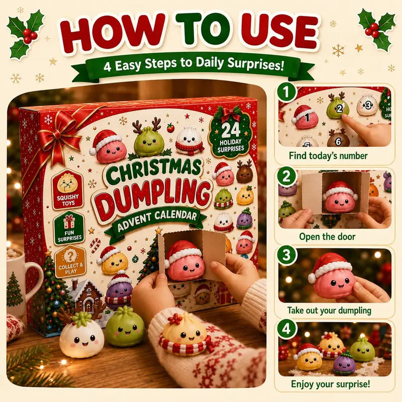 🎄🎁Świąteczny kalendarz adwentowy z mini-gniotkami (Squishies) 2026 – 24-dniowe odliczanie z gniotkami w kształcie pierożków i brokatowymi zabawkami