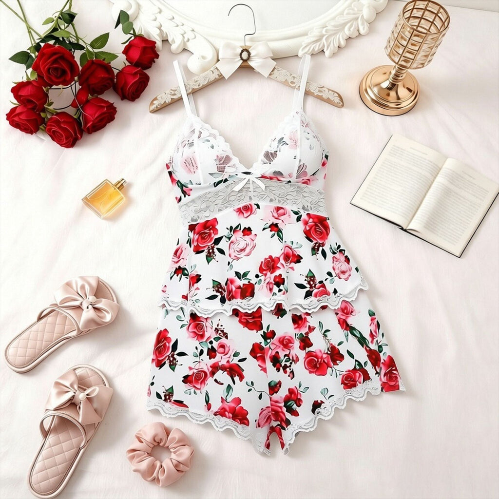 Women's Plain Lace Patchwork Bow Decor Cami Top & Shorts PJ Set, Adjustable Spaghetti Strap Camisole & Elastic Waist Shorts, Ladies Sleepwear for All Seasons