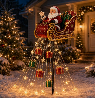 2026 New Santa’s Flying Sleigh Gift Cascade–Solar Christmas Garden Light
