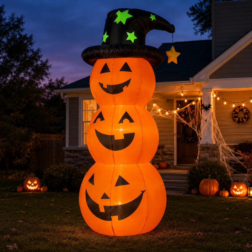 🎃Giant Inflatable Halloween Pumpkin Stack with Witch Hat – Light-Up Outdoor Yard Decoration